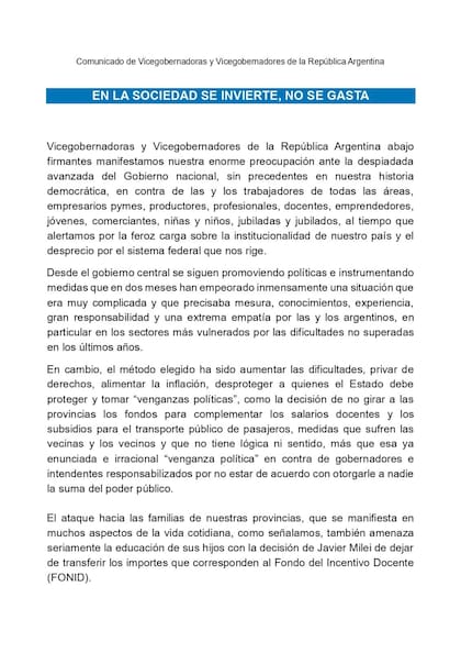 El comunicado lleva la firma de diez vices provinciales.