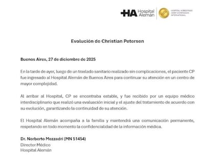 El comunicado oficial compartido por el Hospital Alemán sobre la salud de Christian Petersen