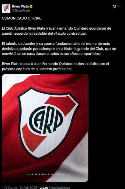 El comunicado oficial compartido por River en el que confirma la salida de Juanfer Quintero del club