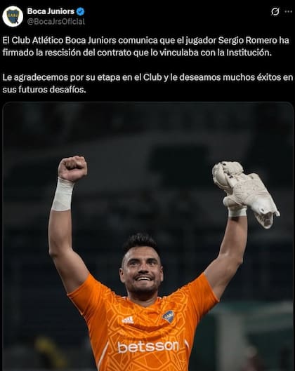 El comunicado oficial de Boca sobre la salida de Sergio Romero