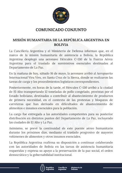 El comunicado oficial de Cancillería sobre la misión humanitaria
