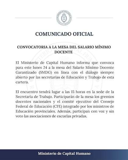 El comunicado oficial de Capital Humano (Foto: Instagram @mincaphum_ar)