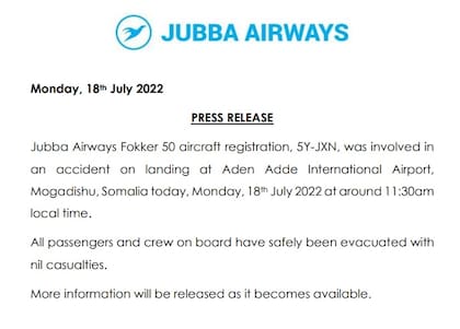 El comunicado oficial de Jubba Airways
Foto: @JubbaAirways
