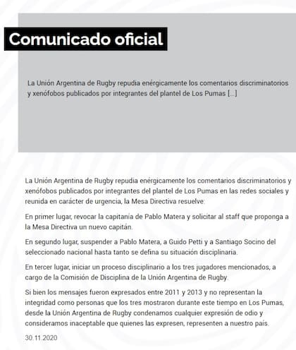 El comunicado oficial de la UAR