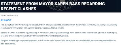 El comunicado oficial de la alcaldesa Karen Bass sobre las manifestaciones en Los Angeles