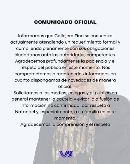 El comunicado oficial de la discográfica que reprsenta a Callejero Fino