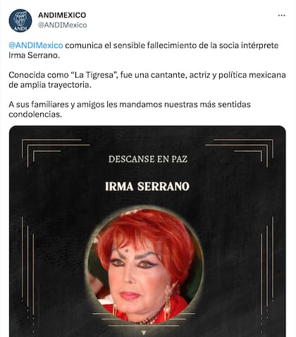 El comunicado oficial de la muerte de Irma Serrano