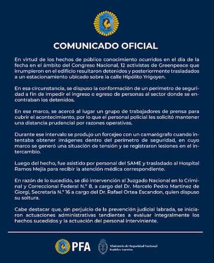 El comunicado oficial de la PFA tras los incidentes en el Congreso (X: @PFAOficial)