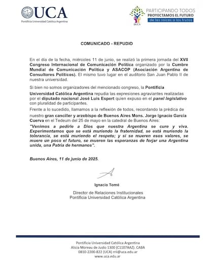 El comunicado oficial de la UCA por insulto de Espert hacia Florencia Kirchner