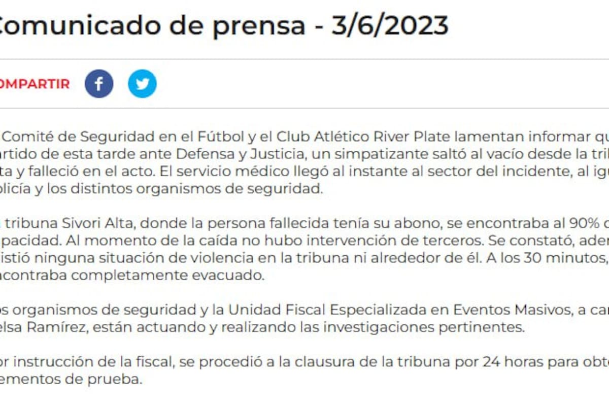 El comunicado oficial de River tras el fallecimiento de un hincha y la suspensión del partido contra Defensa y Justicia