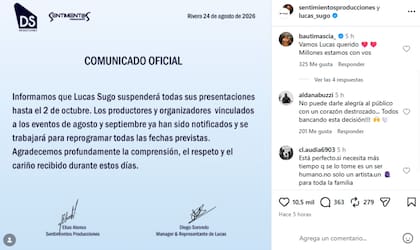 El comunicado oficial de Sentimientos Producciones sobre los próximos recitales de Lucas Sugo