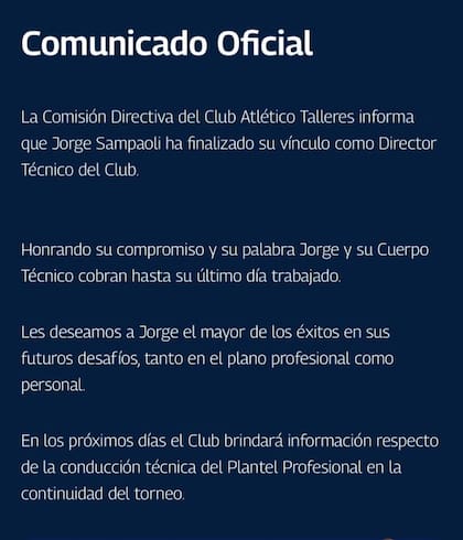 El comunicado oficial de Talleres de Córdoba en el cual notifica de la salida de Sampaoli
