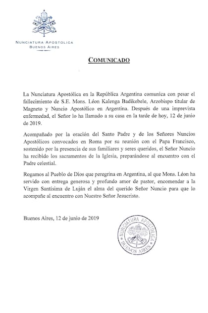 El comunicado oficial del fallecimiento