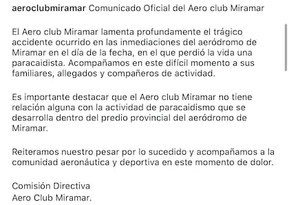 El comunicado oficial del Aero Club de Miramar (Fuente: Instagram @aeroclubmiramar)