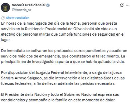 El comunicado oficial del Gobierno tras la muerte del militar en Olivos (X:@Voceria_Ar)