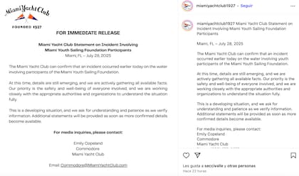 El comunicado oficial fue emitido por el Miami Yacht Club el lunes 28 de julio de 2025