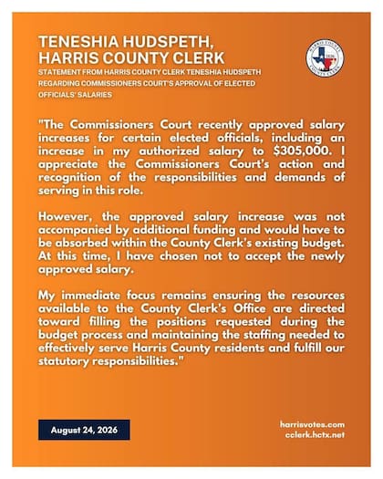 El comunicado oficial que envió la secretaria de Harris, Teneshia Hudspeth, desde su Oficina