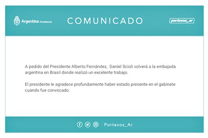 El comunicado por la vuelta de Scioli a la embajada de Brasilia