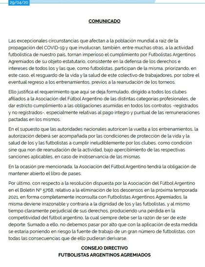 El comunicado presentado por la gremial de los jugadores