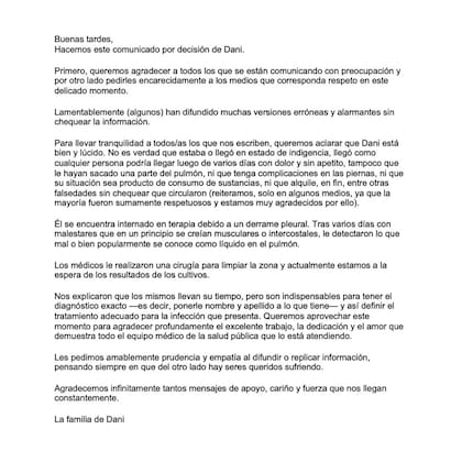 El comunicado publicado por la familia de Osvaldo en su cuenta de Instagram