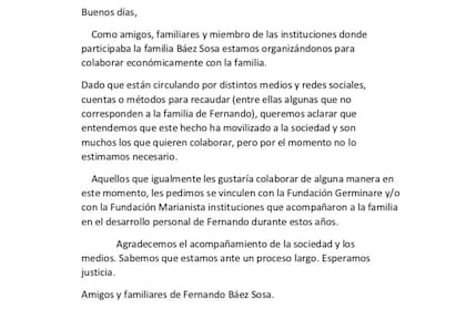 El comunicado que comenzó a difundirse por parte de amigos y familiares