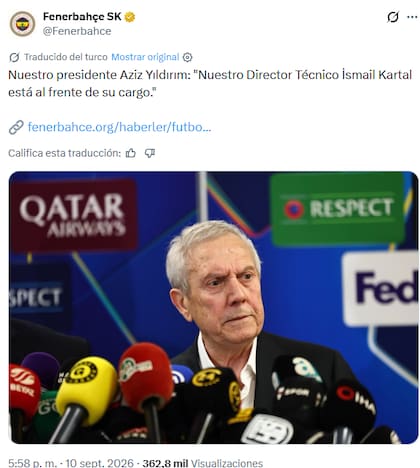 El comunicado que compartió el club turco