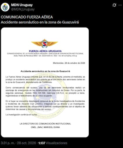 El comunicado que compartió la Fuerza Aérea uruguaya