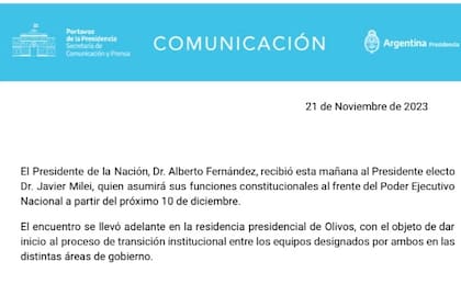 El comunicado que difundió Presidencia
