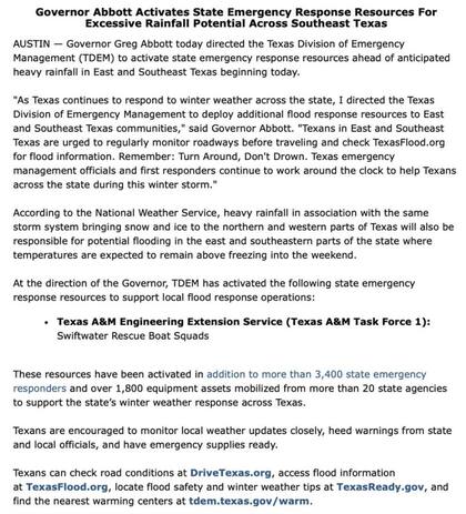 El comunicado que difundió Abbott en sus redes oficiales con medidas y advertencias a los habitantes de Texas por el temporal