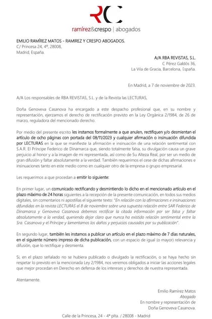 El comunicado que emitió Genoveva Casanova a través de sus abogados.