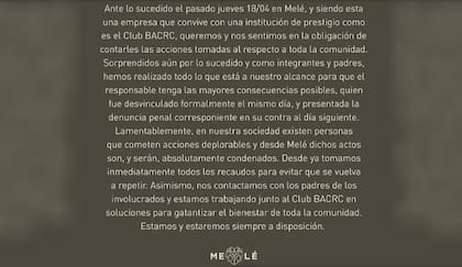 El comunicado que emitió Melé, el concesionario del restaurante del club