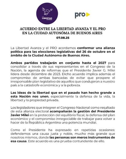 El comunicado que formaliza la alianza entre el Pro y La Libertad Avanza (X: @ProCiudadBsAs)