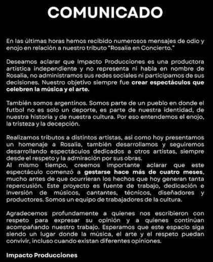 El comunicado que publicaron desde la productora del show tributo de Rosalía