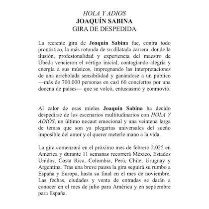 El comunicado que publicaron Joaquín Sabina y Jimena Coronado en sus redes sociales para anunciar una nueva gira del cantautor español en 2025 que será su tour de despedida.