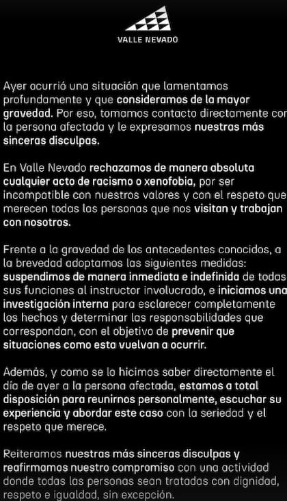 El comunicado que publicó el centro de ski de Valle Nevado