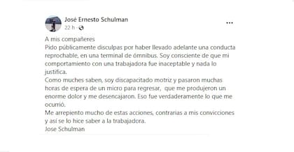 El comunicado que publicó José Schulman en su Facebook