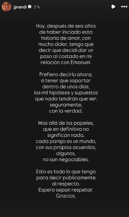 El comunicado que publicó Julieta Prandi