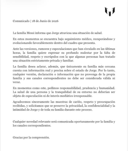 El comunicado que publicó la familia Messi para aclarar las especulaciones sobre la salud de Jorge