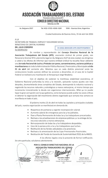 El comunicado que ratifica el paro de ATE ANAC este martes que compartió Rodolfo Aguiar en X
