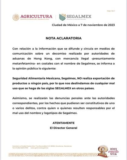 El comunicado que Segalmex publicó en redes sociales, tras el escándalo en Hong Kong