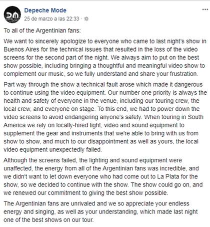 El comunicado que subió Depeche Mode en Facebook
