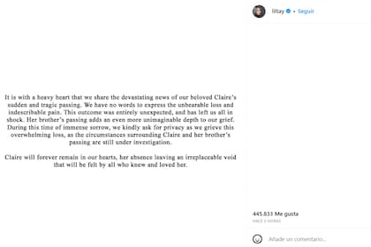 El comunicado sobre la muerte de Lil Tay publicado en su cuenta de Instagram