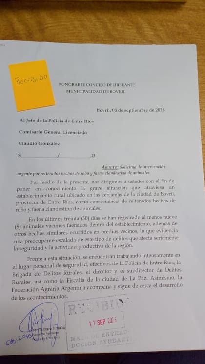 El Concejo Deliberante de Bovril pidió una “intervención urgente” ante los reiterados robos y faenas clandestinas de hacienda en la zona