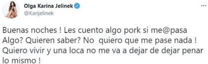 El confuso y enigmático tuit de Karina Jelinek que generó preocupación