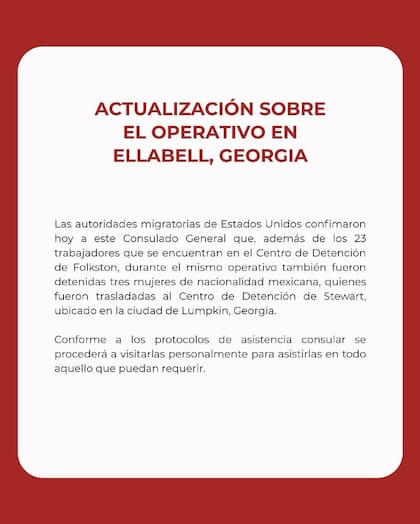 El Consulado General de México en Atlanta publicó las actualizaciones posteriores a la redada en Ellabell (X/@ConsulMexAtl)