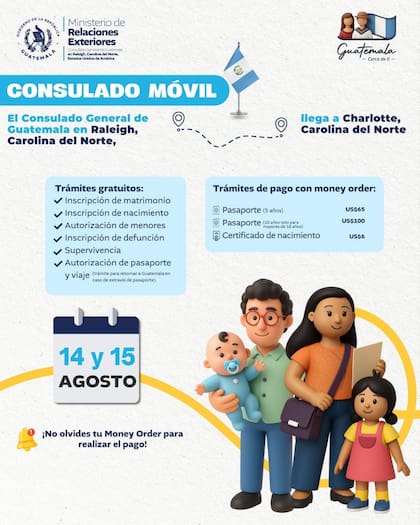 El Consulado organizará una jornada de servicios móviles en Charlotte los días 14 y 15 de agosto para asistir a la comunidad guatemalteca