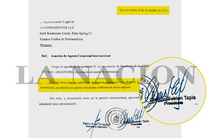 El contrato con TourProdenter, firmado por Tapia y Toviggino, le da la exclusividad a esa firma para ser agente comercial internacional de la AFA