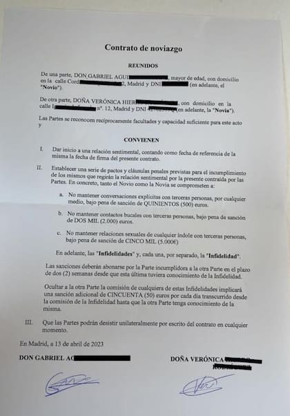 El contrato dice cuanto deben pagar en caso de infidelidad