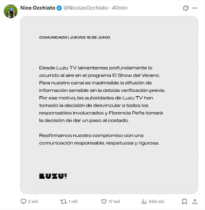 El contundente comunicado de Nico Occhiato tras la fake news de Flor Peña sobre la salud del padre de Messi