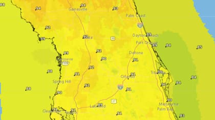 El corredor entre las autopistas I-95 e I-75 al norte de la I-4 será el más afectado, con índices de calor de 105 y 110°F (40,5-43,3°C)